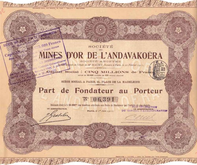 Action au porteur de la Société des mines d’or de l’Andavakoera
