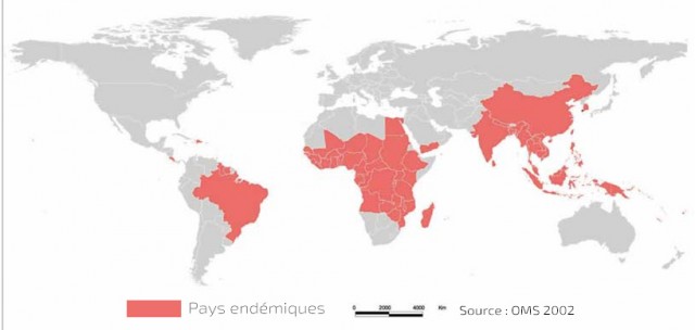 Répartition géographique de la filariose lymphatique dans le monde