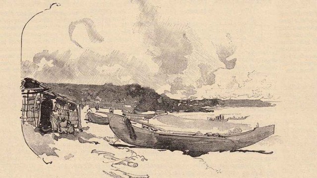 Emplacement du futur port en 1885. On aperçoit le fortin sur la crète