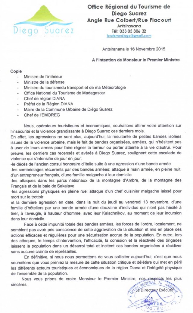 La lettre de l'Office du Tourisme de Diego Suarez au Premier Ministre pour alerter sur la montée de l'insécurité