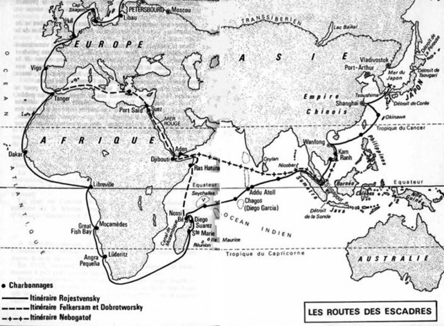 La route des différentes escadres Russes avant la bataille de Tsushima en 1905