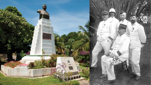 A gauche : la statue de Joffre veille toujours sur le port de Diego Suarez. A droite : Le Colonel Joffre et ses collaborateurs à Diego Suarez en 1901